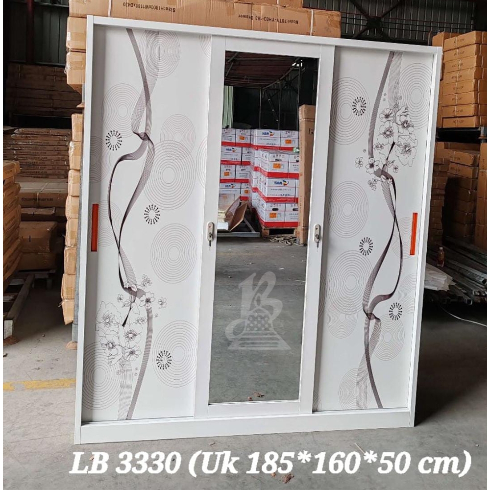 Lemari Pakaian Besi Sliding Geser Import 3 pintu Kaca Panjang-PROMO MURAH BANGET