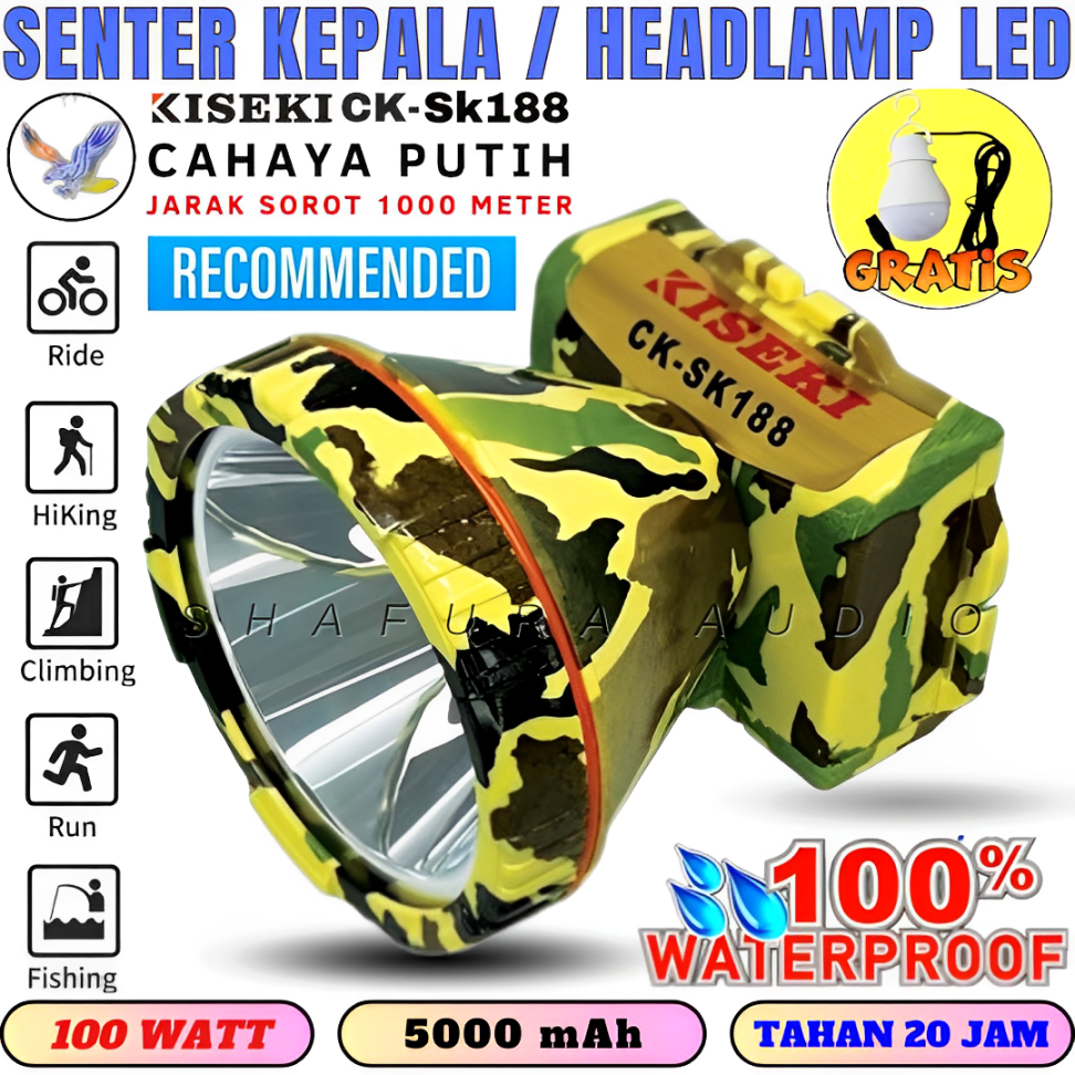 Senter Kepala 100 Watt Kiseki Ck-Sk188 Cahaya Kuning | Waterproof Penerangan 20jam |Senter Kepala Ki