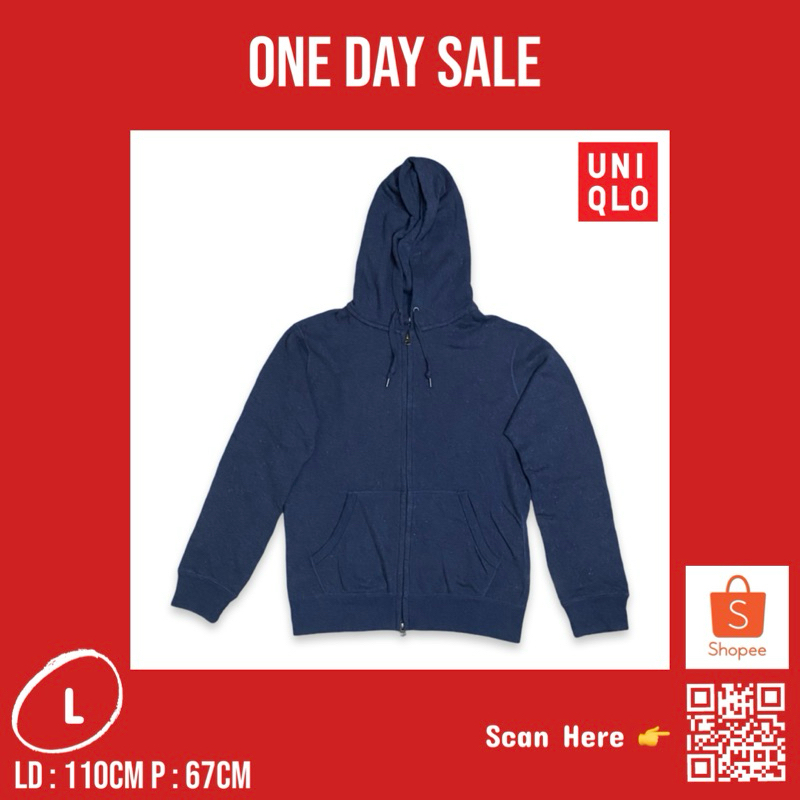 UNIQLO JACKET HOODIE ZIPPER ORIGINAL BIRU MOTIF