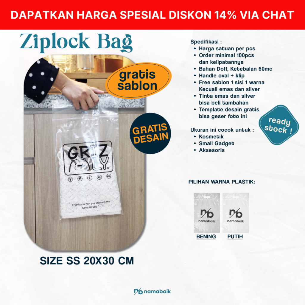 

[COD] Ziplock Bag / Klip Plong / Klip Pond SS 20X30 CM Plastik Sablon Gratis Desain