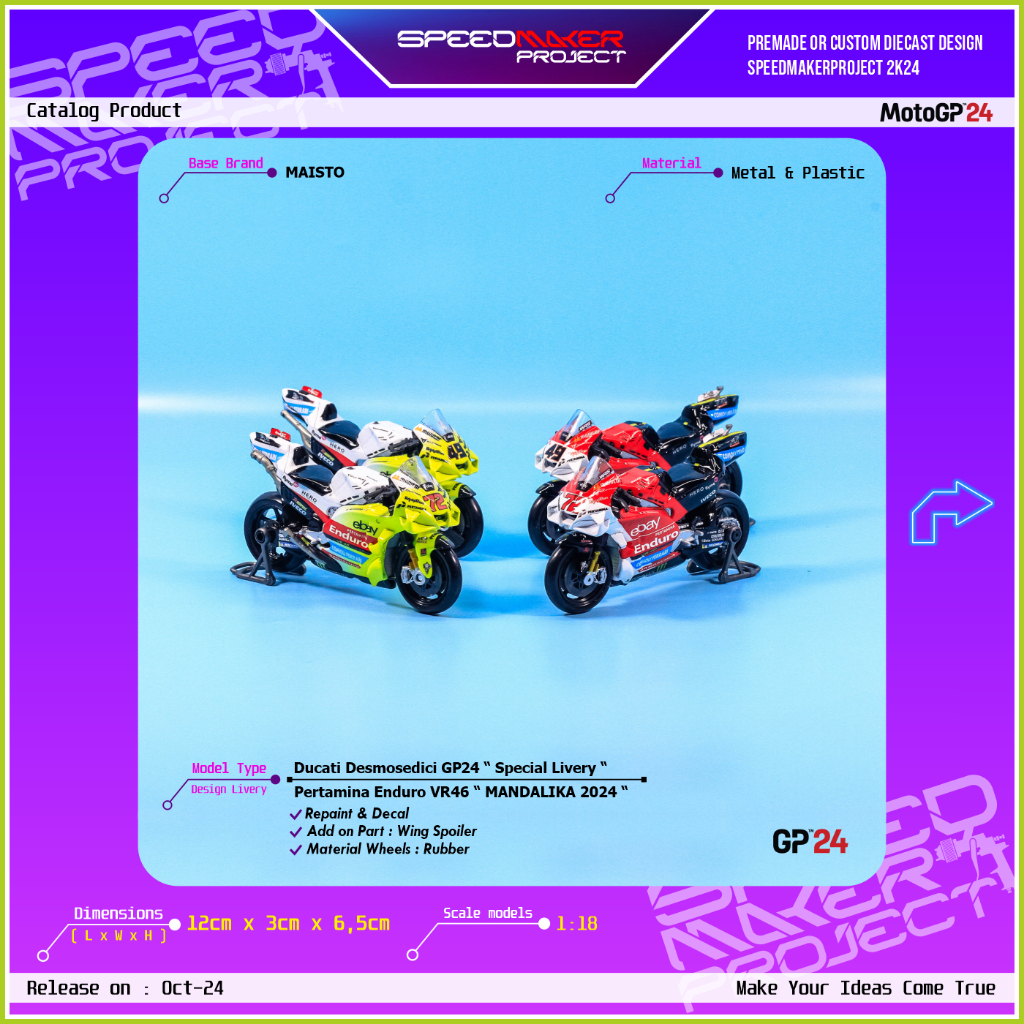 Diecast Custom Ducati Desmosedici Pertamina Enduro VR46 Racing Team Miniatur Motor Bike Moto GP 1:18