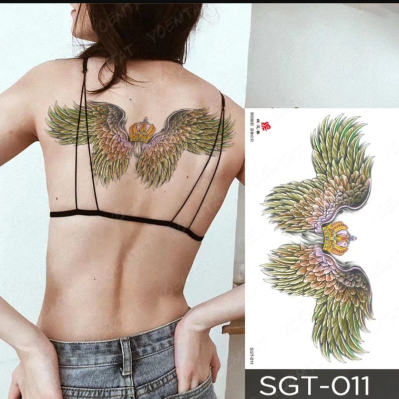 Tato Ukuran Jumbo Besar - Tattoo Temporary Motif Mahkota Raja Sayap Burung Hijau Kuning - Tatto Tato
