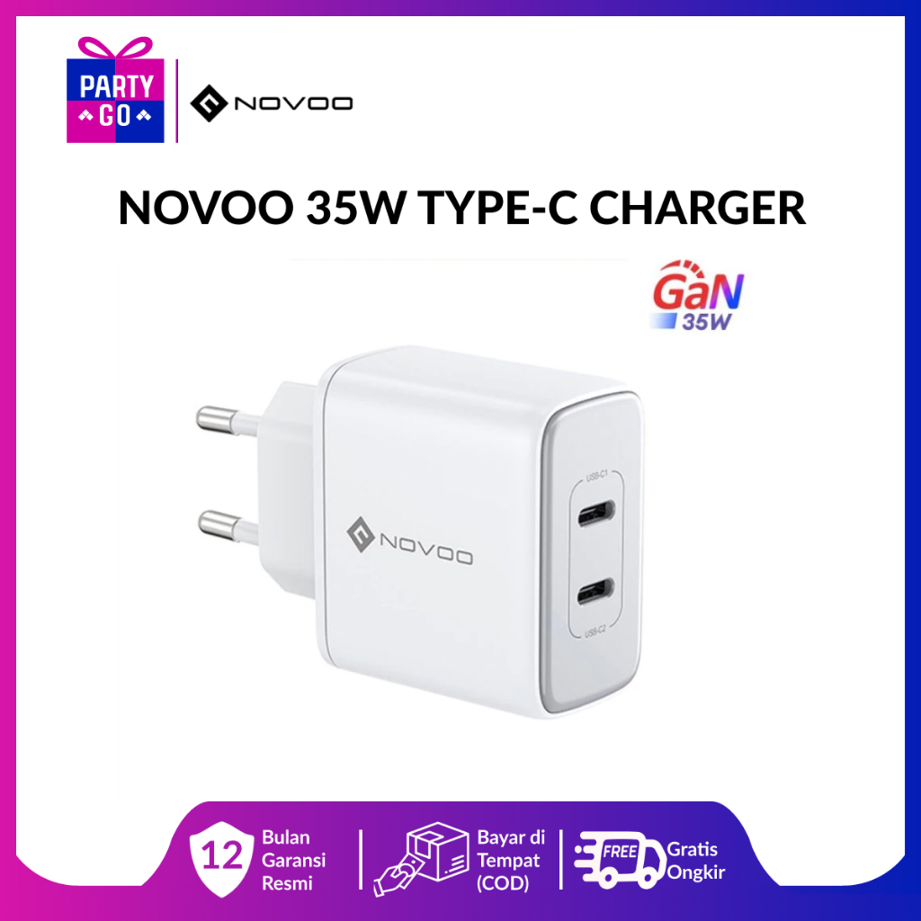 35W charger NOVOO 35W fast charger USB-C portable sesuai untuk iPhone, realme, OPPO, Samsung, Xiaomi