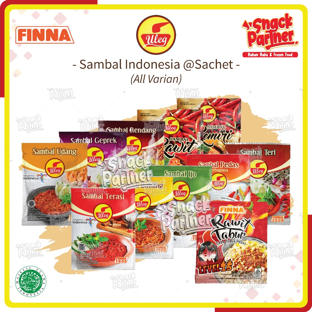 

FINNA ULEG Sambal @ 1 Sachet - Sambel Nusantara Indonesia Terasi Bawang Ijo Pedas Serbaguna Teri Udang Geprek Rendang Rawit Kemiri