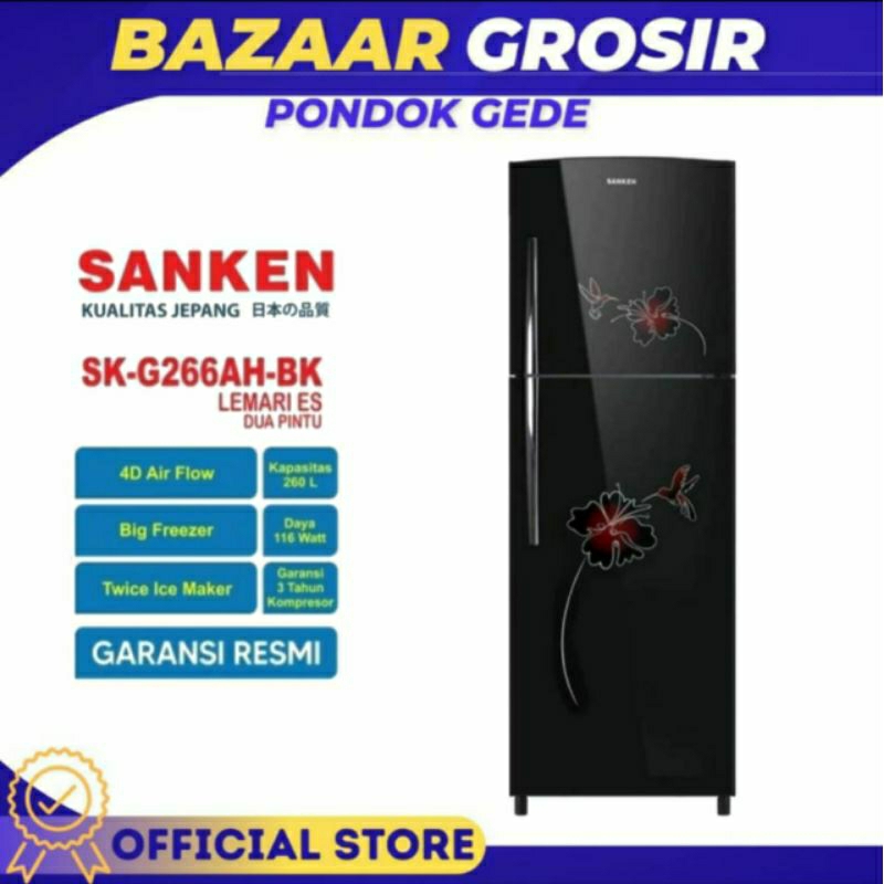 KULKAS SANKEN SK-G266AH-BK / SK G266AH / SKG 266AH / SKG 266 AH / SKG266AHBK LEMARI ES 260 Liter