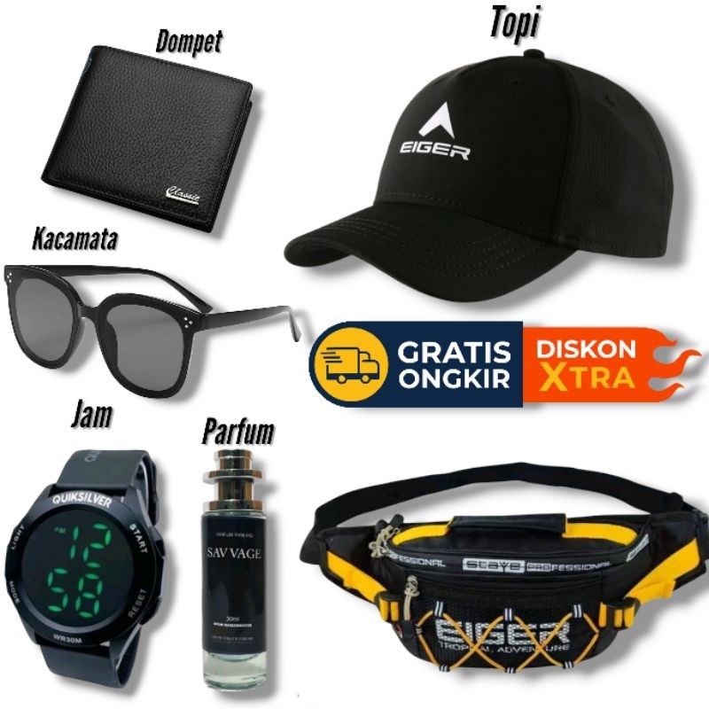 BUNDLING SENANG SENANG - TAS PINGGANG PRIA TERBARU GRATIS TOPI MODEL BASEBALL, DOMPET KULIT SINTETIS