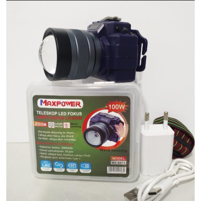 Senter kepala Super ZOOM+sensor Tangan Maxpower Mx-S08 Led putih 100wat senter kepala berkualitas