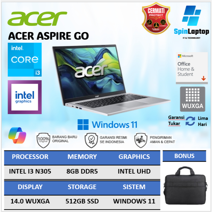 Laptop ACER Aspire GO 14 AG14 Intel Core i3 N305 8GB 512GB SSD Layar WUXGA Windows 11 +OHS Baru