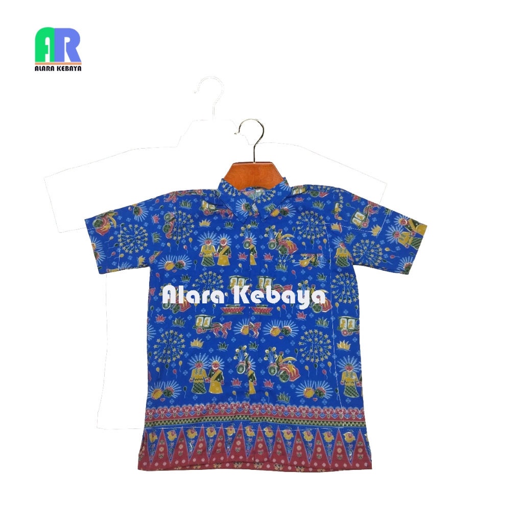 Kemeja Anak Batik Ondel Ondel Betawi Umur 5-12 Tahun Seragam Sekolah Batik Betawi Biru Merah Kuning