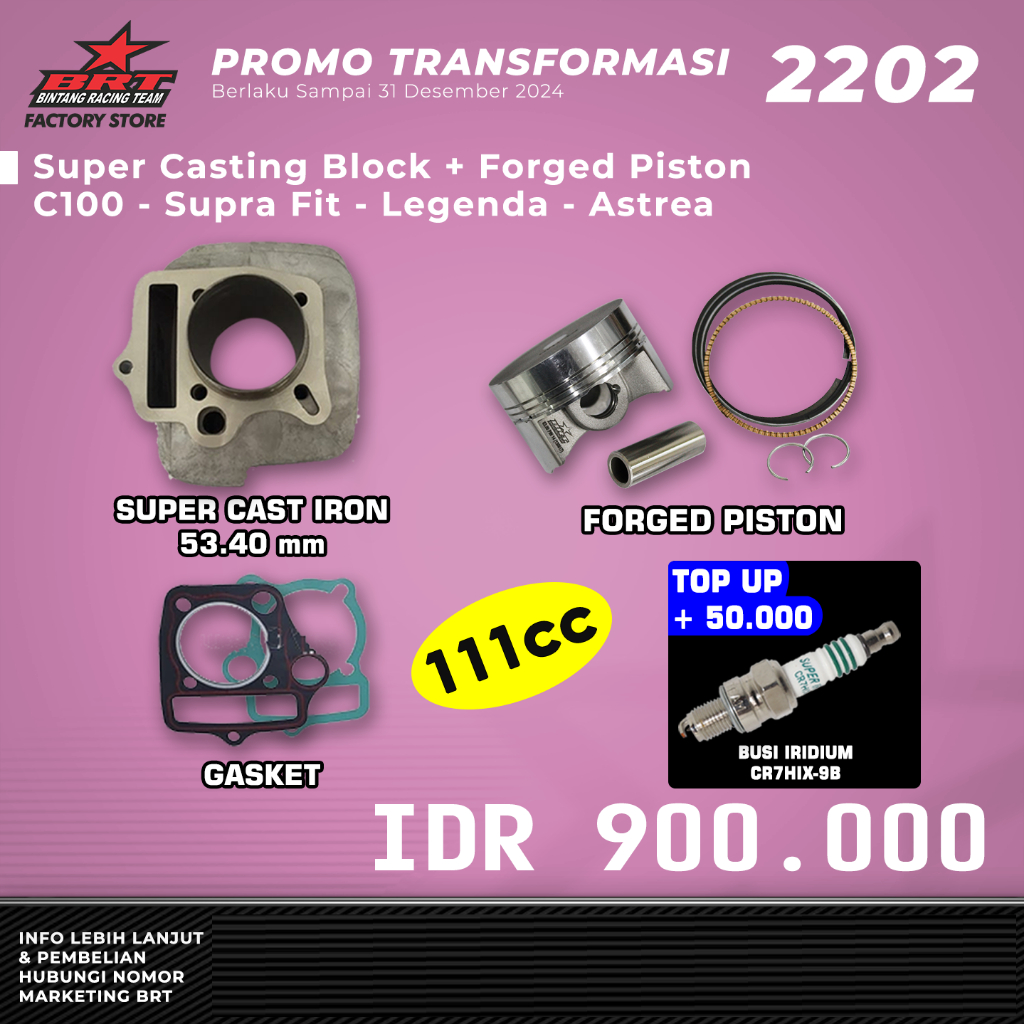 BLOKK CAST IRON + FORGED PISTON 53.40 111 CC C100/SUPRA FIT/LEGENDA/ASTREA BRT BINTANG RACING TEAM