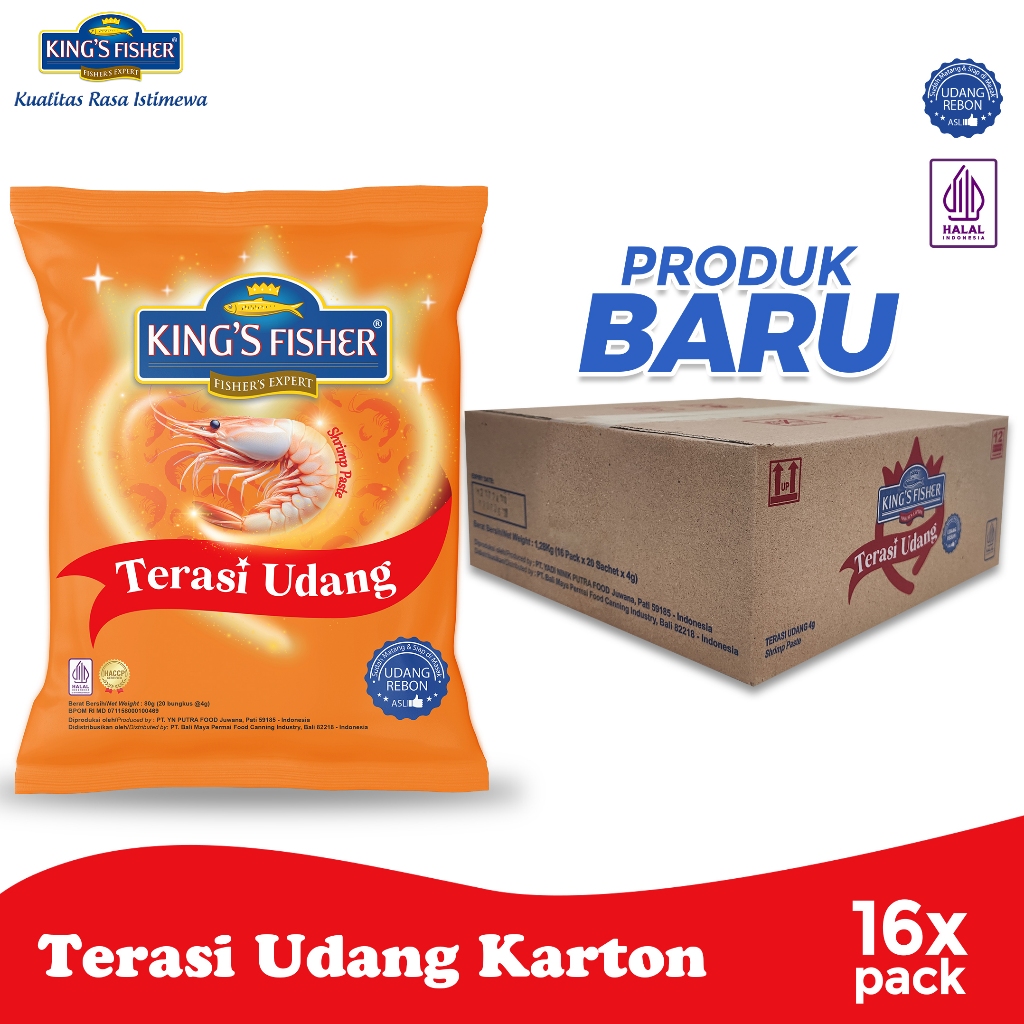 

Paket 1 Dus 16 pak King's Fisher Terasi Udang 20 x 4 g Trasi Udang Rebon Asli Wangi Enak