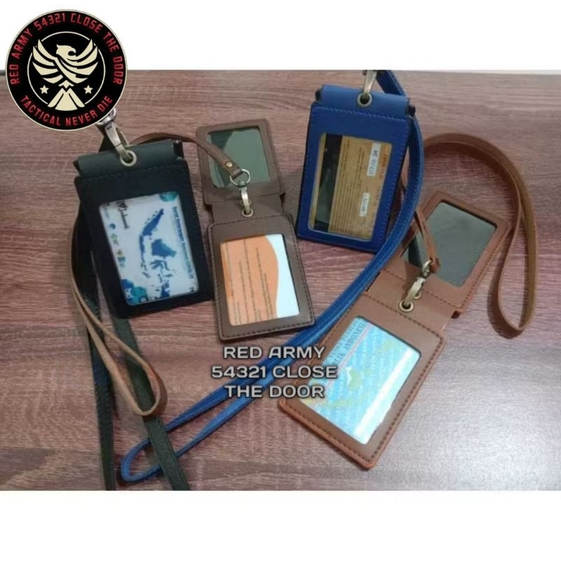 

ID Card Holder Tali Lanyard Name Tag Double Flip Polos PU Leather Quality Premium