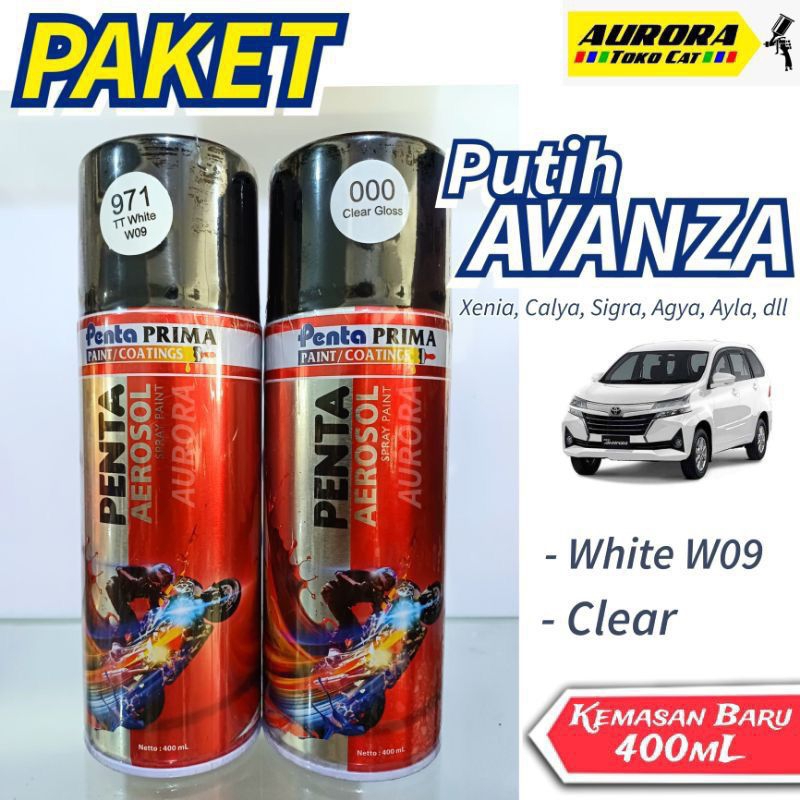 PAKET Cat Pilok Penta Aerosol 971 TT White W09 + 000 Clear Gloss 400ml Putih Klir Clir Pernis Anti G