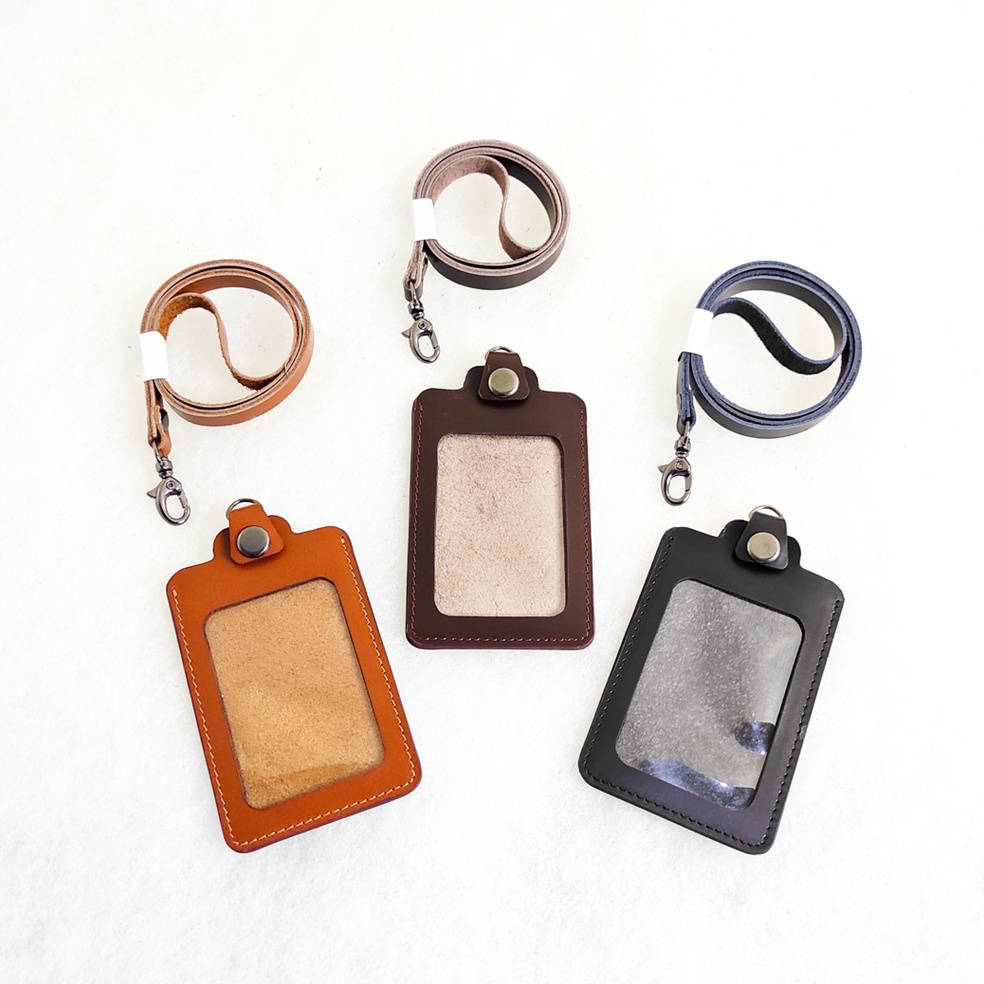 

Pasti Terjamin Leather Name Tag Lanyard ID Card Holder Satu Slot Sisi Kulit Sapi Asli Free Grafir Laser