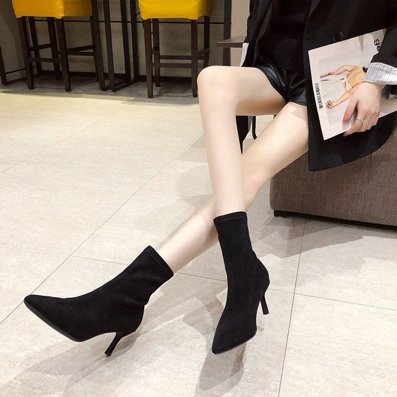 Women's pointed mid length boots, Korean version with thin heels, 3-6-9 cm short boots, Martin boots