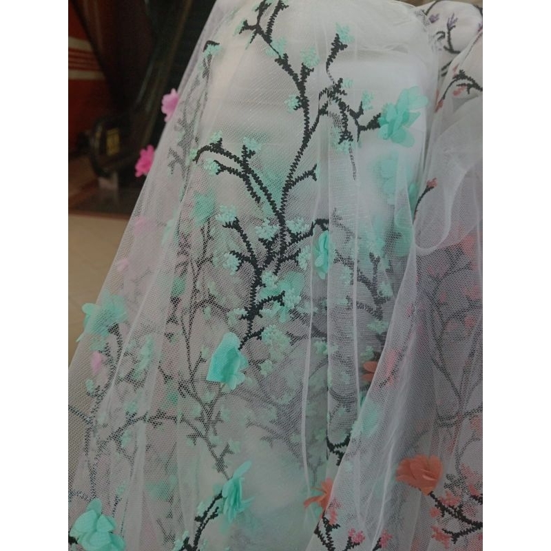 kain/bahan tile bordir bunga sakura 3D/kain dres