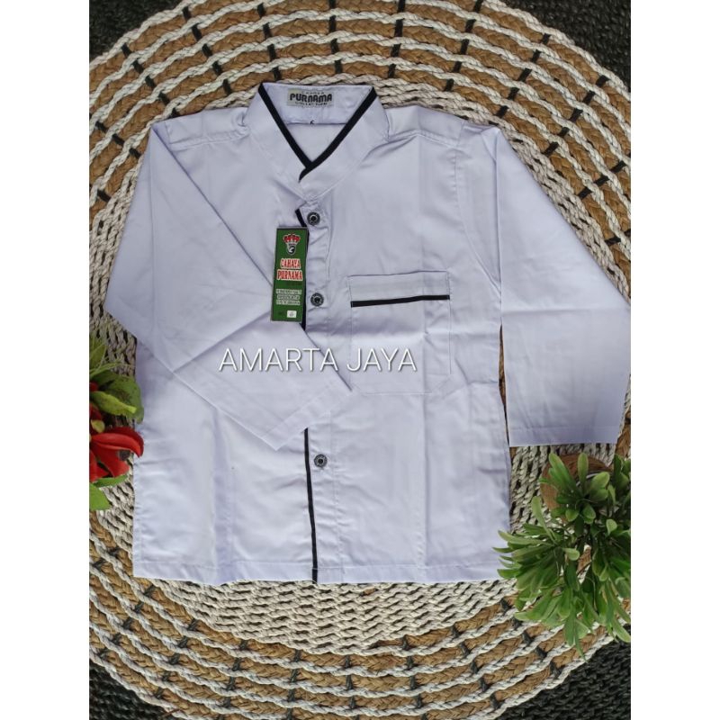 BAJU KOKO / BUSANA MUSLIM PRIA PUTIH POLOS KOMBINASI LENGAN PANJANG SERAGAM HADROH PONDOK PESANTREN 