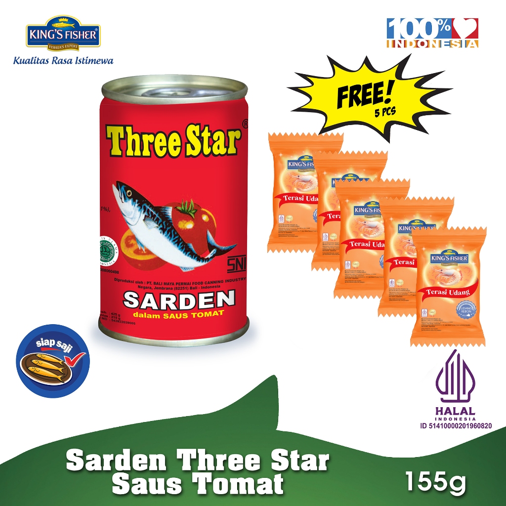 

Three Star Sarden mini saus tomat Makanan Kaleng 155 g Free 5 Sachet Terasi
