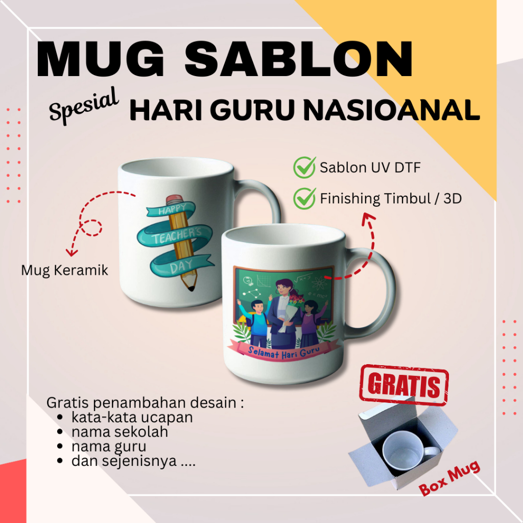 MUG Keramik Custom Souvenir Sablon UV DTF Spesial Hari Guru Gratis Nama dan Kata Ucapan Free Box