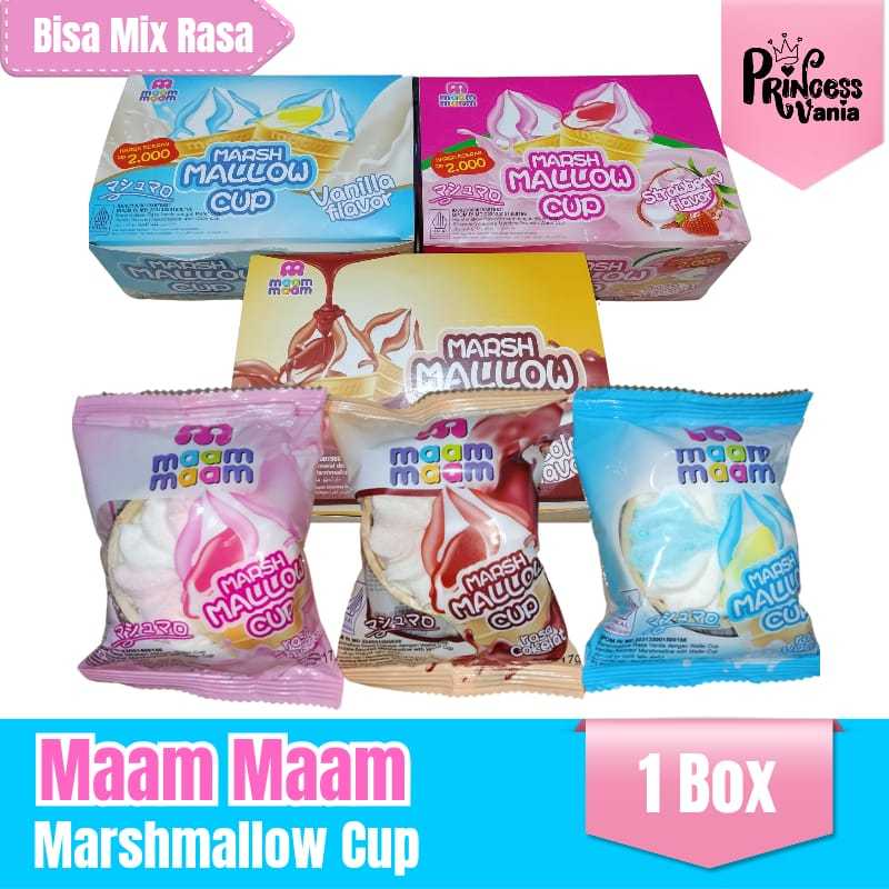 

MAAM MAAM MARSHMALLOW CUP 17GR 1 BOX ISI 12 PCS BISA MIX RASA STRAWBERRY VANILLA CHOCOLATTE