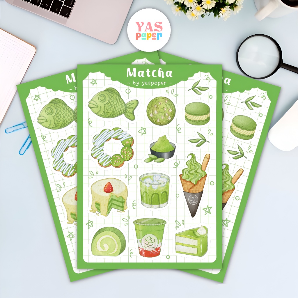 

YASPAPER - Sticker sheet aesthetic matcha series | size A6 waterproff