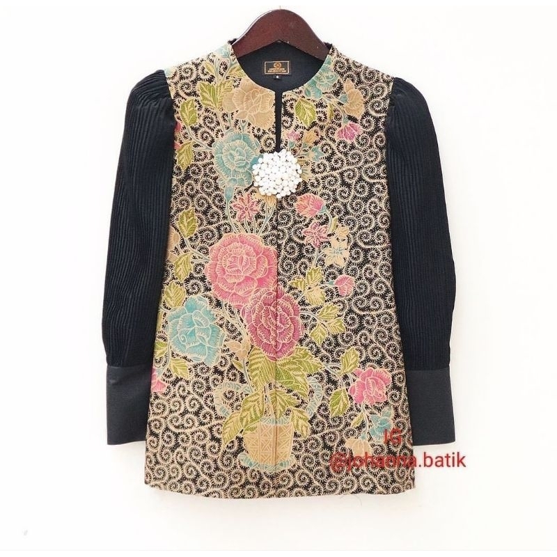 Blus Batik Encim Bunga Mix Polosan Hitam Lapis Trickot