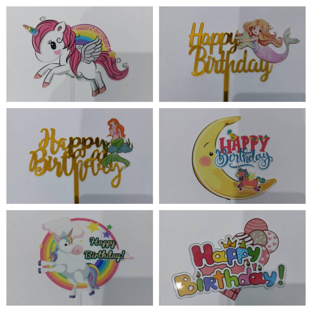 Toper Tusuk Cake Topper Kue Ulang Tahun Tart Happy Birthday Ultah Animal Mermaid Unicorn Bulan Moon 