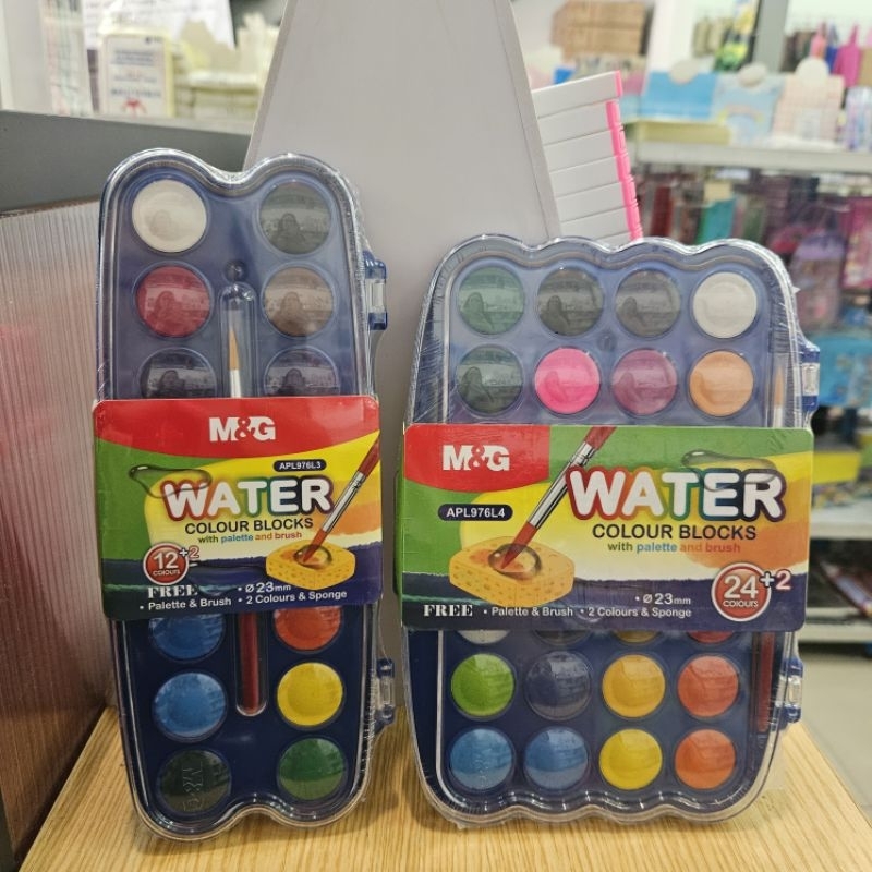 

cat air water color colour cat lukis M&G (12 & 24 warna) + free 2 warna extra, free palet, brush/kuas, sponge