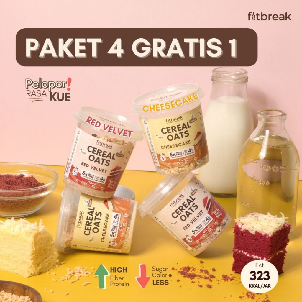 

Paket 4 Gratis 1 Red Velvet dan Cheesecake Protein Oatmeal Fitbreak / Healthy Snack / Instant Oats / Overnight Oats / Diet Friendly / Sarapan / Oatmeal