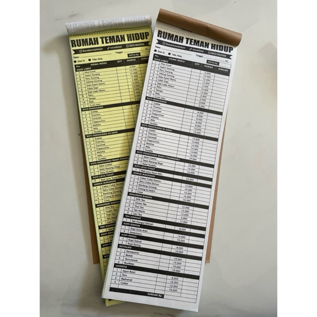 

RAJA NOTA MENU 1/2 Folio Panjang Custom Desain 1 Rangkap list harga