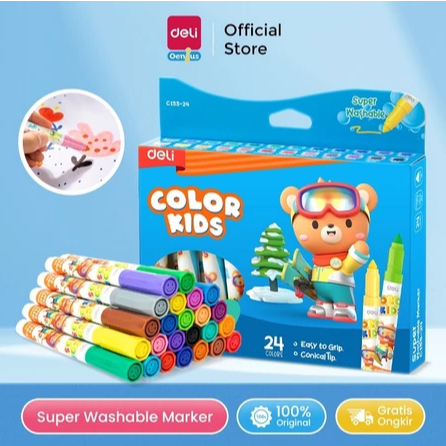 

DELI Spidol Warna Anak COLOR WASHABLE MARKER 12/24 Warna Mudah Dicuci C155