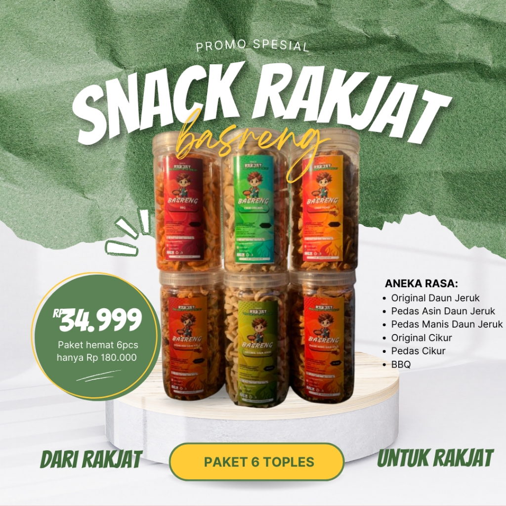 

[6 PCS] BASRENG RAKJAT - 6 Varian Rasa Original, Pedas Asin, Pedas Manis, Original Cikur, Pedas Cikur & BBQ - Kemasan 1/4 Kg Cemilan dari Rakjat untuk Rakjat