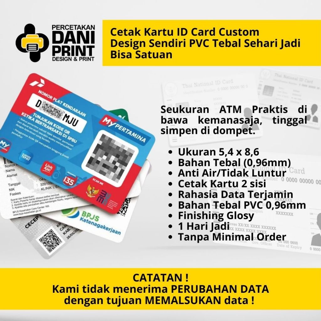 

Cetak Kartu ID Card Custom / BPJS / NPWP / Pertamina / PLN