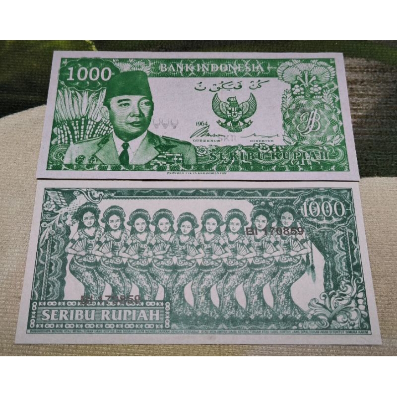 Uang souvenir 1000 sukarno melengkung gambar penari serimpi 9 hijau