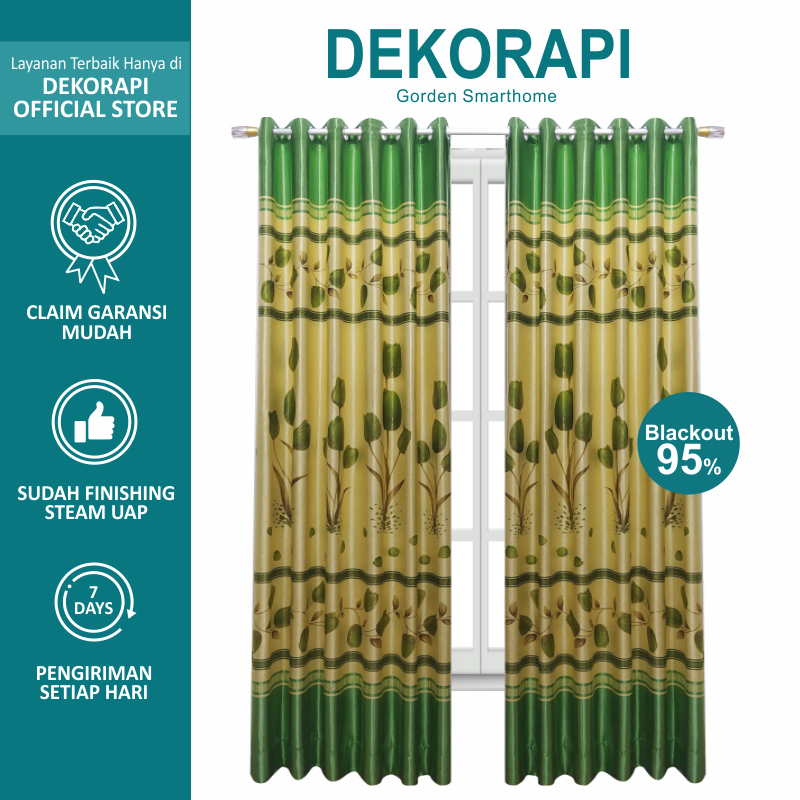 DEKORAPI Gorden Blackout Motif Bunga Tulip Tinggi 250cm 6 gelombang 8 Gelombang Warna Hijau