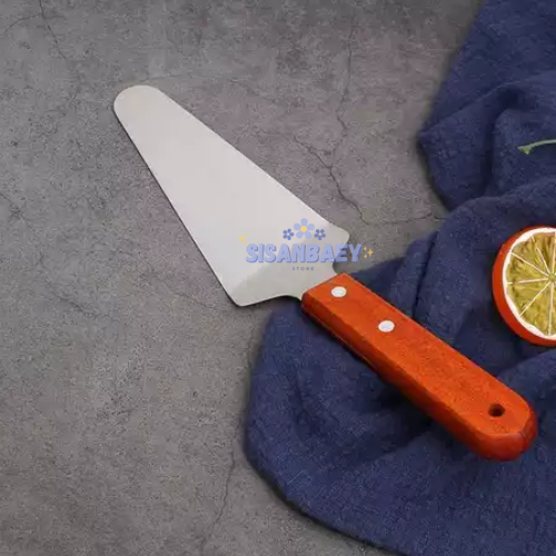Sendok Sekop Skop Serokan Piso Pemotong Kue Cake Pizza Spatula Gagang Kayu Scraper Shovel Stainless 