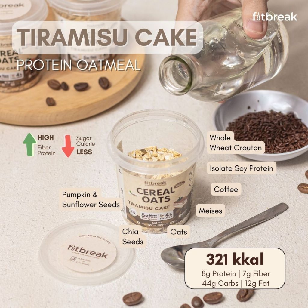 

Tiramisu Cake Protein Oatmeal Fitbreak / Healthy Snack / Instant Oats / Overnight Oats / Diet Friendly / Sarapan / Oatmeal