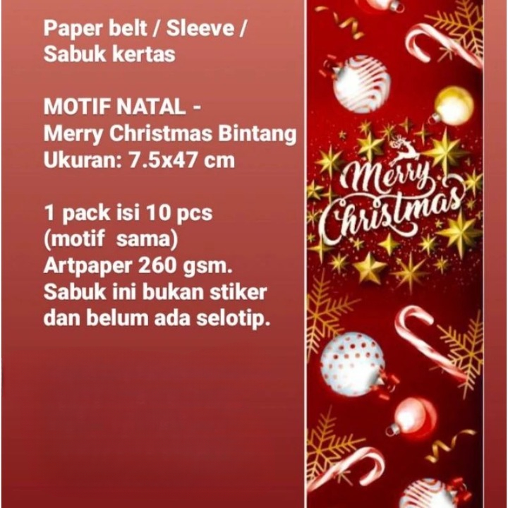 

1 Pack Isi 10 Lembar Paper Belt Motif Merry Christ Bintang Sabuk Kertas Toples Box Hampers Natal