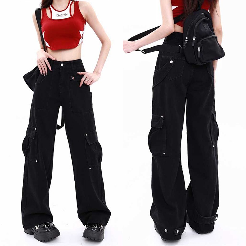 Celana Cargo Jeans Wanita Highwaist Kargo Pants / Overall Denim Retro Pinggang Tinggi baru Untuk Wan
