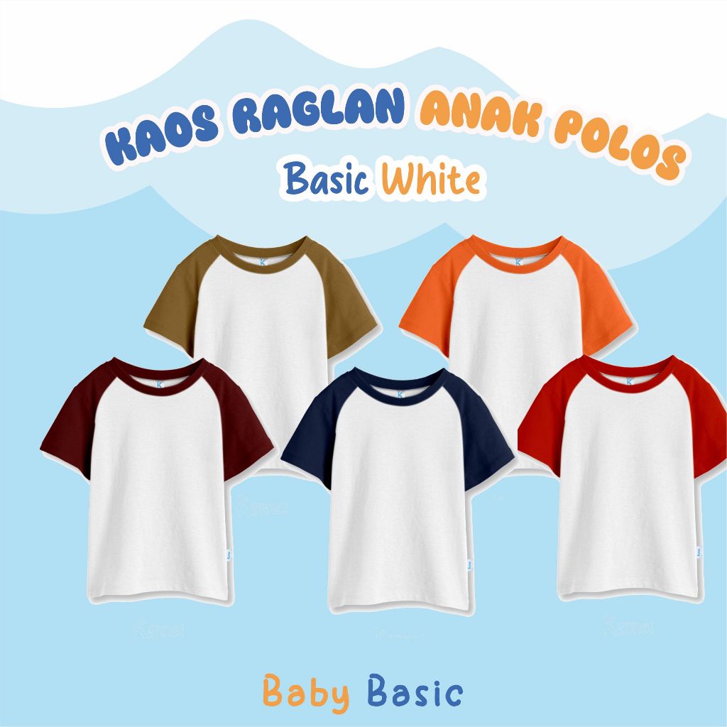 Baby Basic Kaos Anak Raglan Lengan Pendek Baju Anak Laki Laki Perempuan Basic White Polos