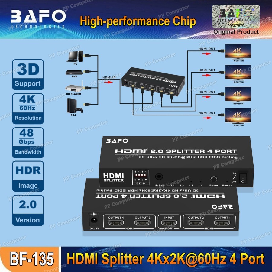 BAFO HDMI Splitter 4 Port HDMI HUB 2 , 4 , 8 Port Support 4 K x 2 K