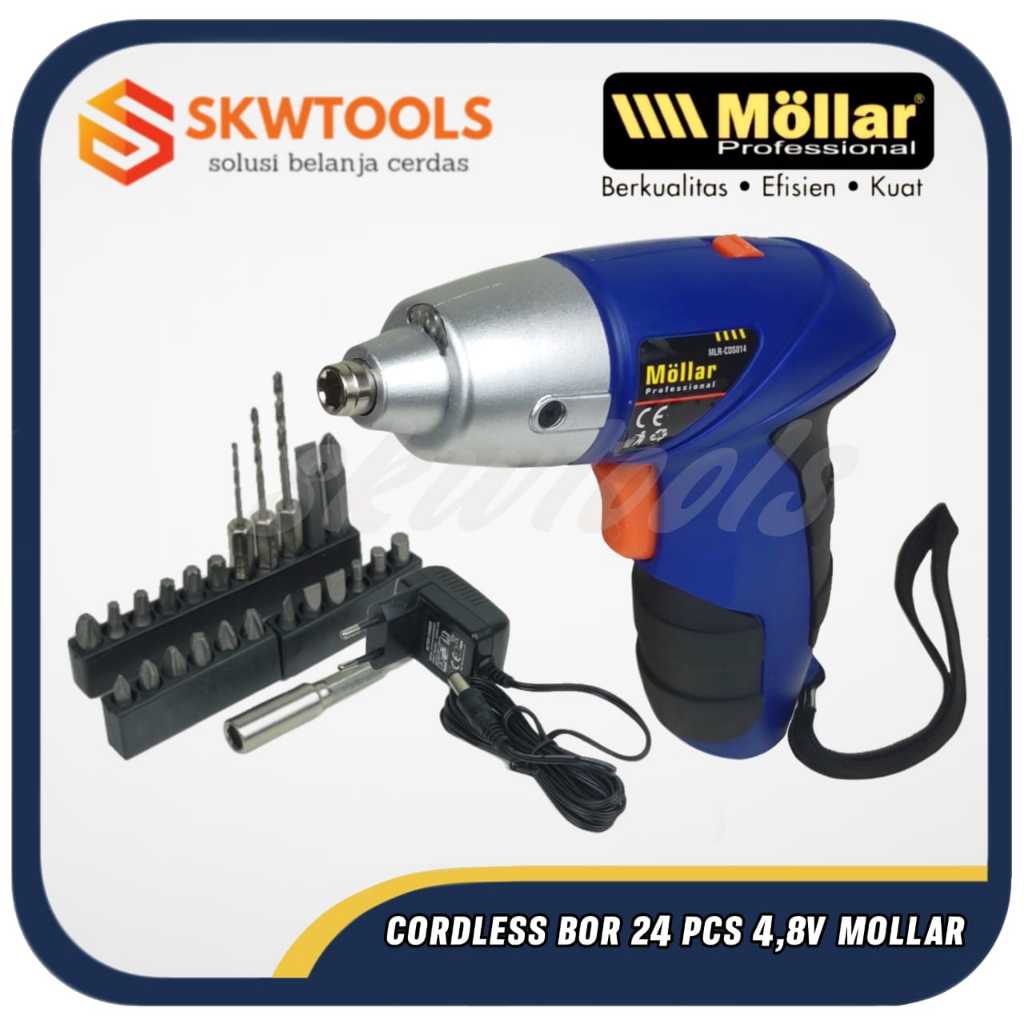 Cordless Bor Obeng Baterai Cas Portable 4,8V Set 24 Pcs MOLLAR Mollar Cordless Screw Driver 4,8V 24 