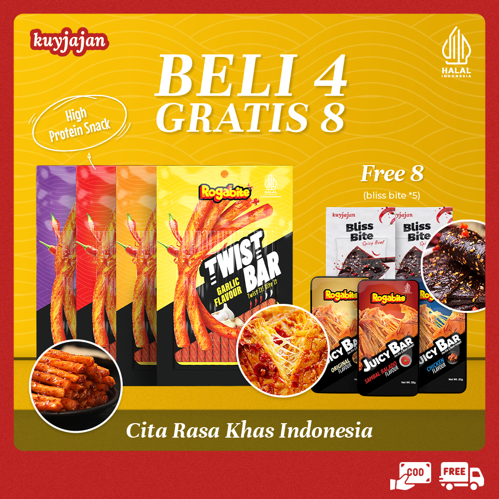 

KuyJajan [HALAL] BELI 4 GRATIS 8 | Twist Bar & Juicy Bar Free Bliss Bite Camilan Tinggi Protein Makanan Ringan | Latiao Halal