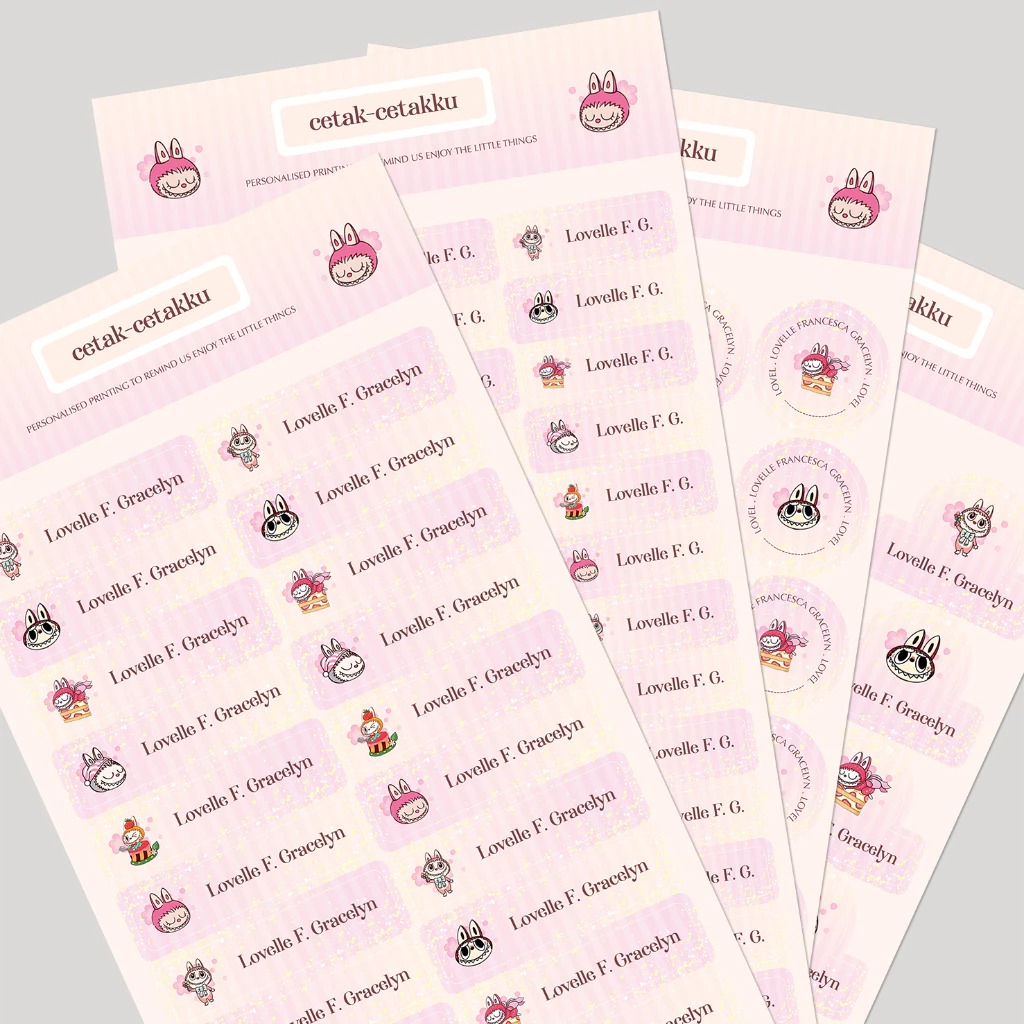 

LABUBU (for Girl) / STICKER NAMA COMBO PACK - 103 pcs (4 Bentuk , 4 Ukuran) / Sticker Vinyl Waterproof (Tahan Air & Anti Sobek) / Label Sekolah / Label Nama Anak