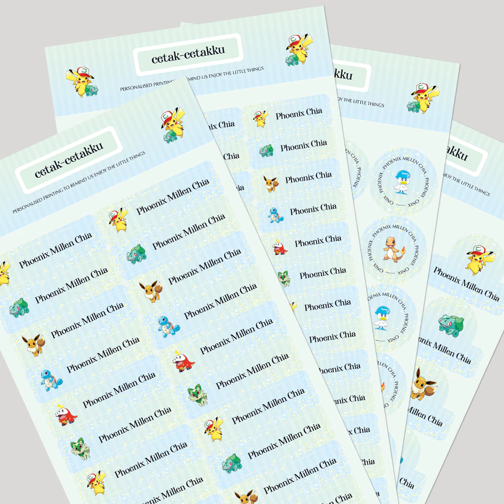 

POKEMON (Mix Character) / STICKER NAMA COMBO PACK - 103 pcs (4 Bentuk , 4 Ukuran) / Sticker Vinyl Waterproof (Tahan Air & Anti Sobek) / Label Sekolah / Label Nama Anak