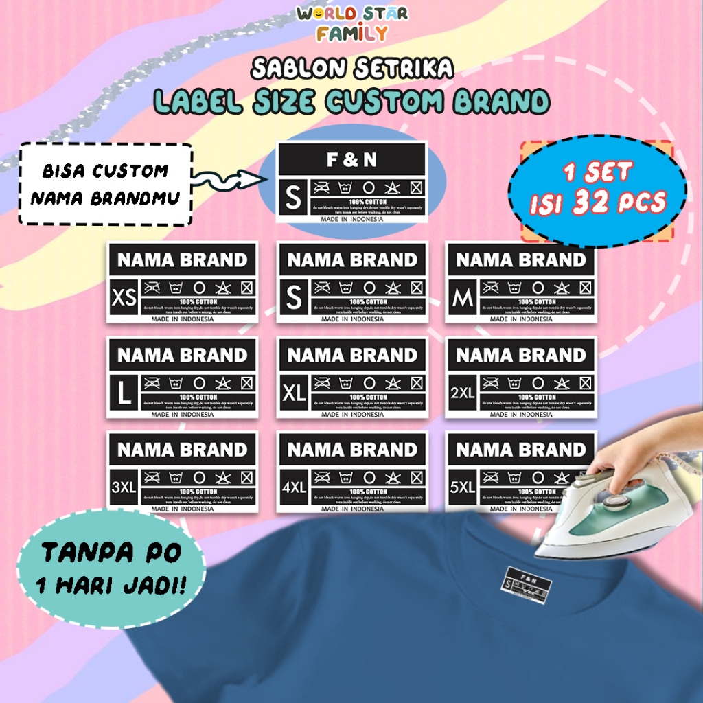 

WSF Stiker kain CUSTOM LABEL BAJU FREE NAMA BRAND 1 set Isi 32 pcs Sablon Setrika Sticker Label Size Baju Stiker Ukuran Pakaian Bundar Stiker Label Tempel Bulat Size