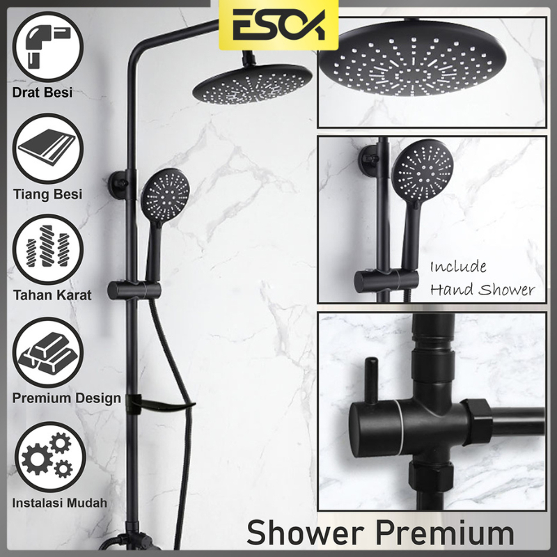 ESOK Shower Tiang Set Minimalis Black / Hitam Paket Lengkap Shower Kamar Mandi