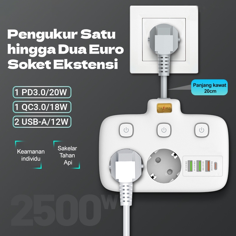 2500W Multipel Plug Stop kontak Wall Socket Extender Adapter dengan 6 in 1 / 2 Outlet +3USB+1Tipe C,