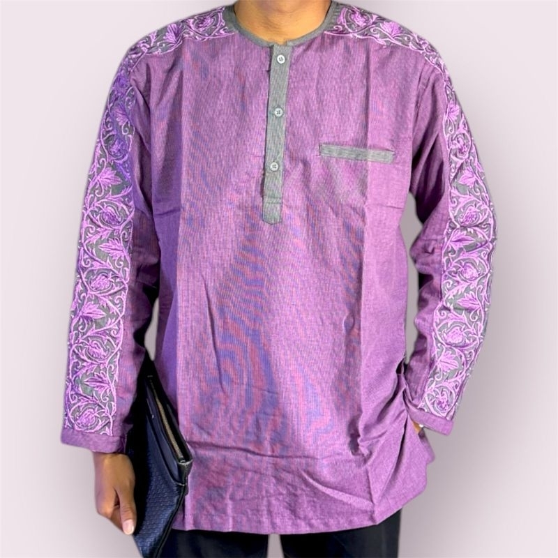 Baju Koko Lengan Panjang Putih Tulang Kemeja Koko Muslim Bordir Warna Ungu