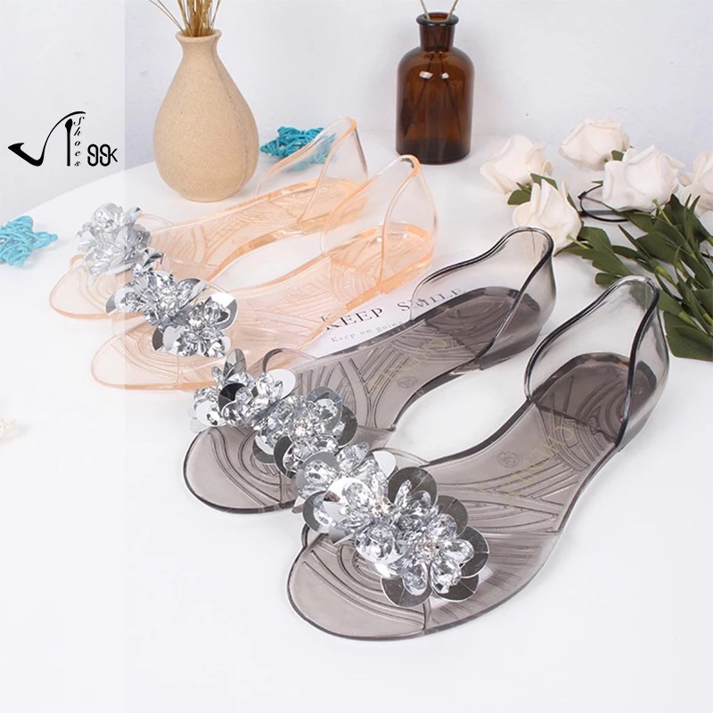 Sepatu Jelly kaca Wanita/Flatshoes kaca jelly bunga transparan